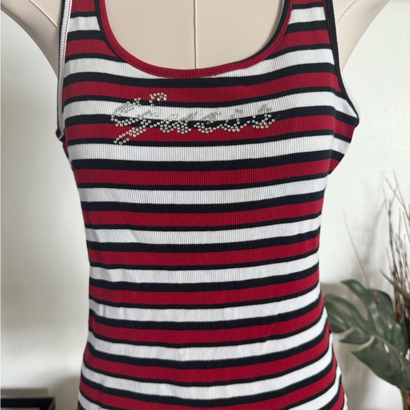 Guess Women's Red and Black Racer back Tank Vintage Y2K Striped Rhinestones XS - Picture 4 of 5